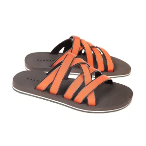 LEATHER AND COTTON WEBBED MULTI-STRAPPED SANDAL WITH BICOLORED MICRO SOLE
