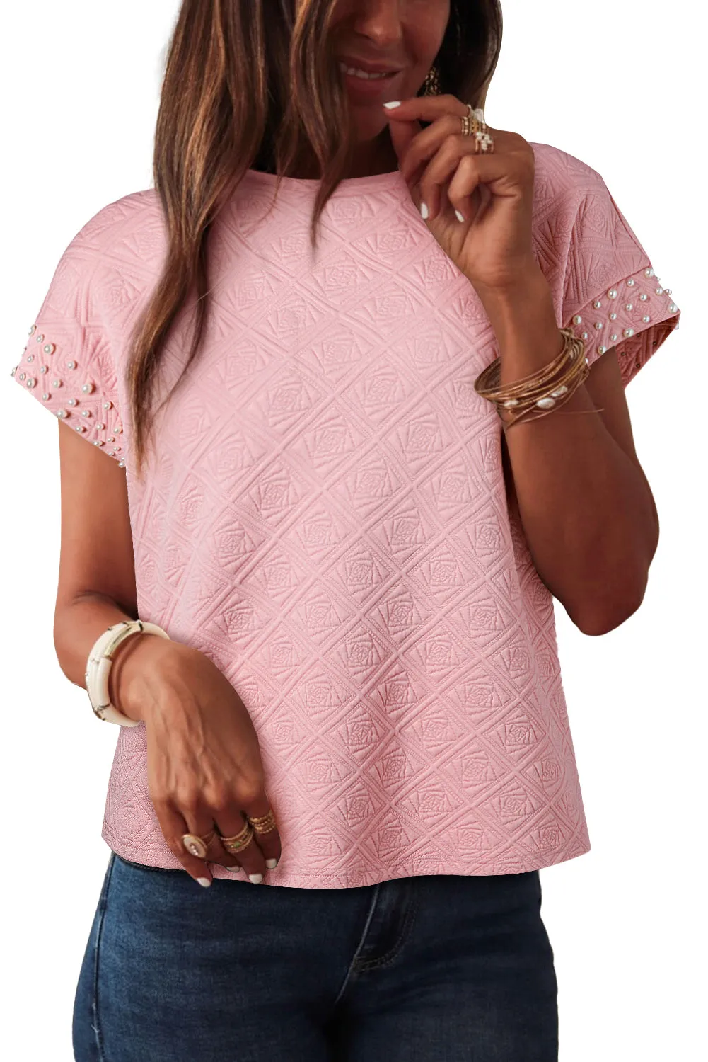 Light Pink Rose Floral Textured Pearl Beaded Top