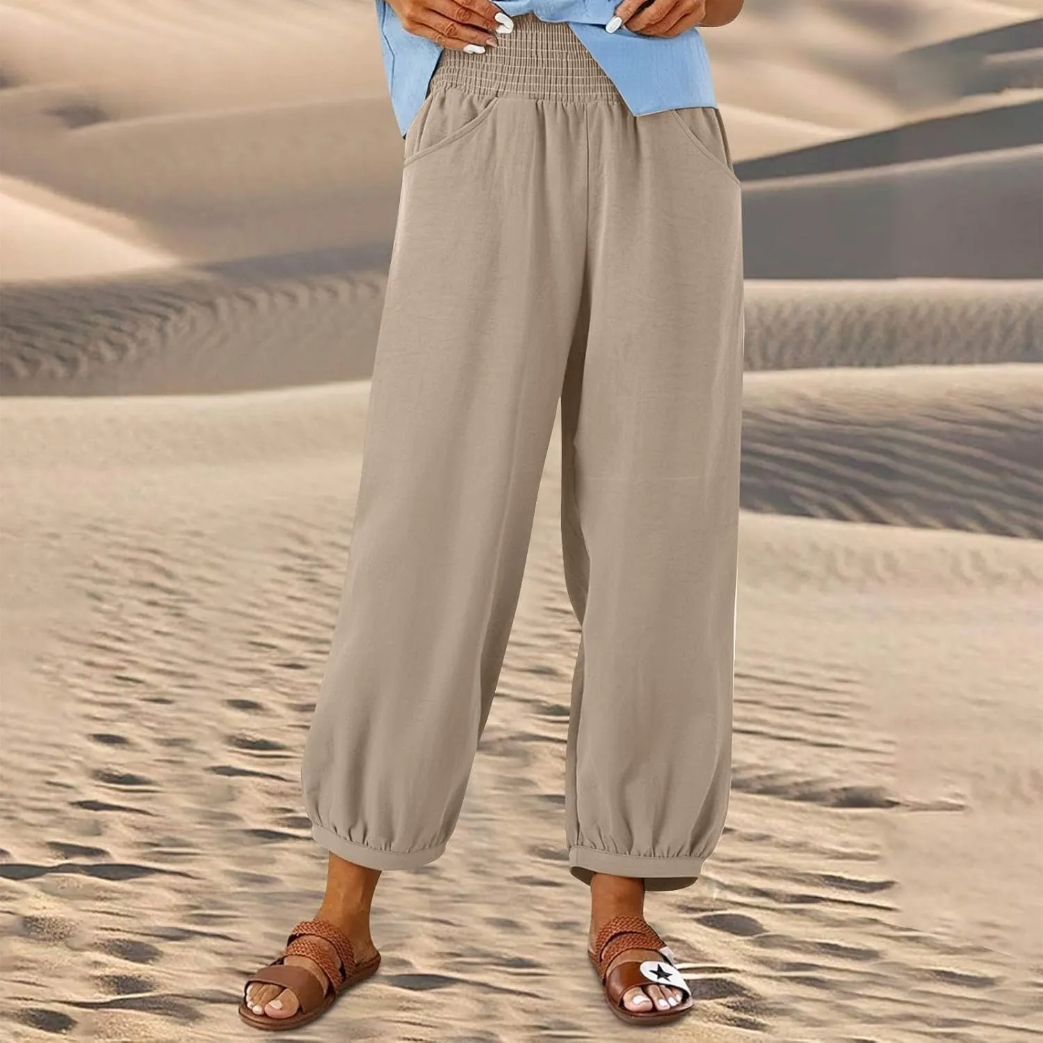 Linen Pants Women Wide Leg High Waisted Summer Harem Pants Loose Fit Lightweight Casual Palazzo Trousers with Pockets