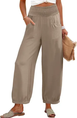 Linen Pants Women Wide Leg High Waisted Summer Harem Pants Loose Fit Lightweight Casual Palazzo Trousers with Pockets