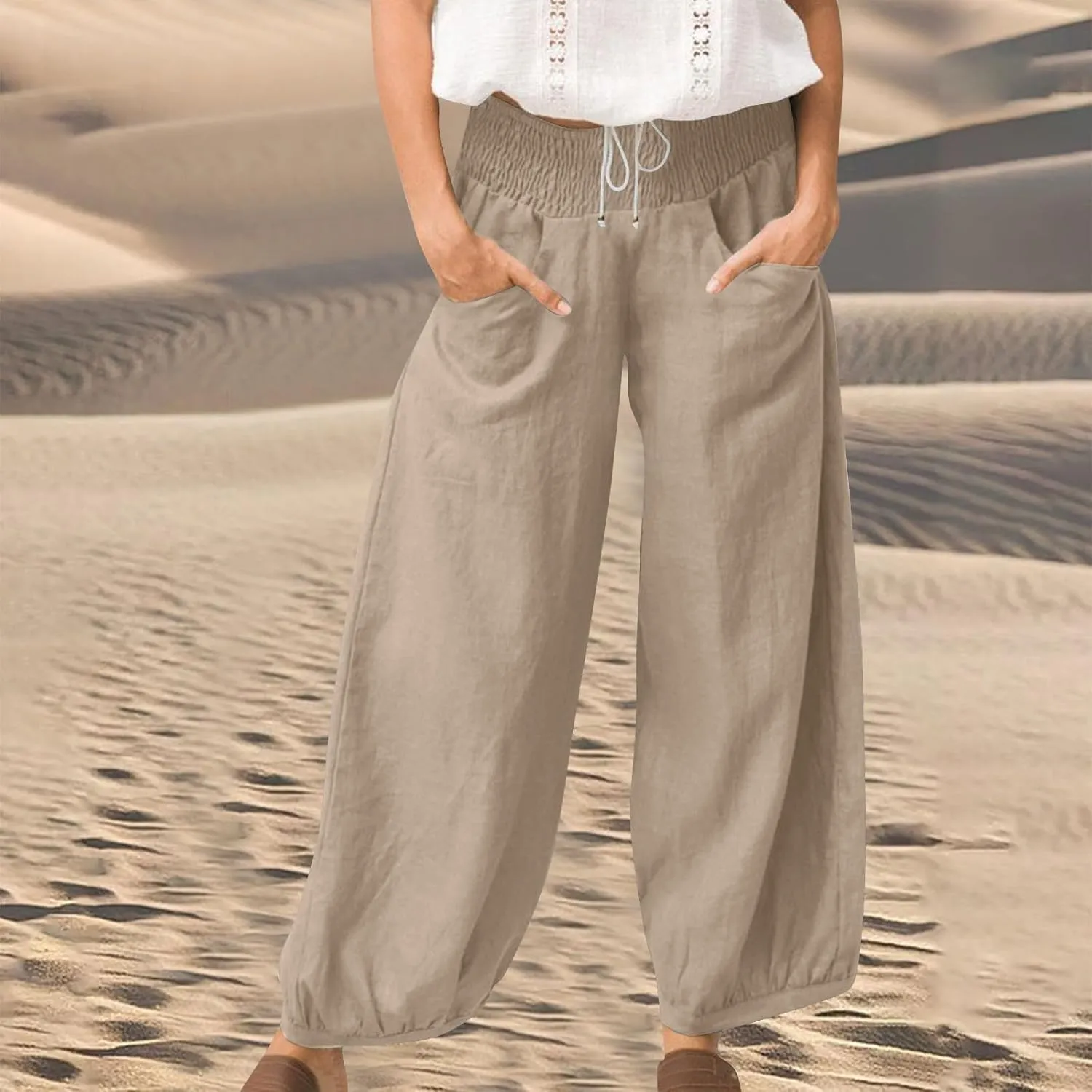 Linen Pants Women Wide Leg High Waisted Summer Harem Pants Loose Fit Lightweight Casual Palazzo Trousers with Pockets