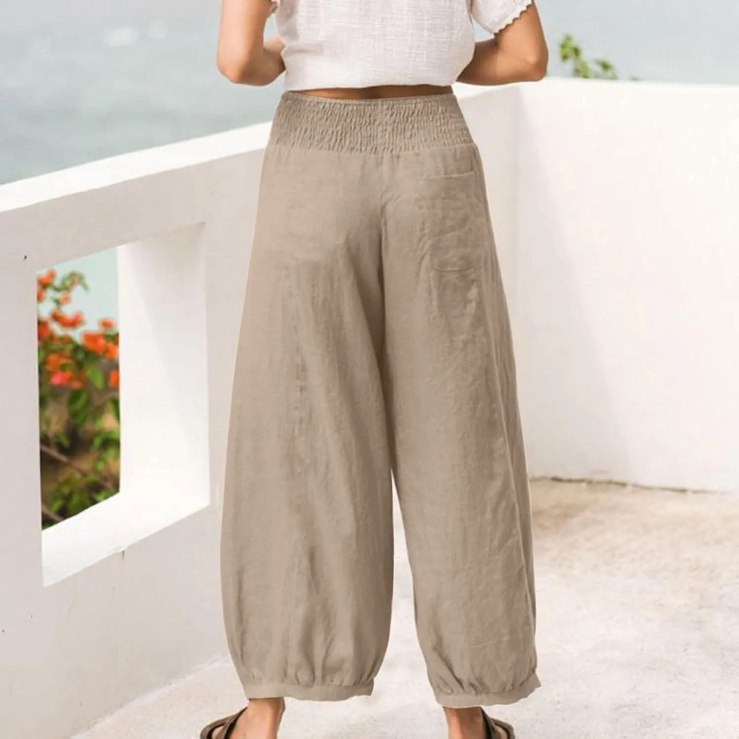 Linen Pants Women Wide Leg High Waisted Summer Harem Pants Loose Fit Lightweight Casual Palazzo Trousers with Pockets