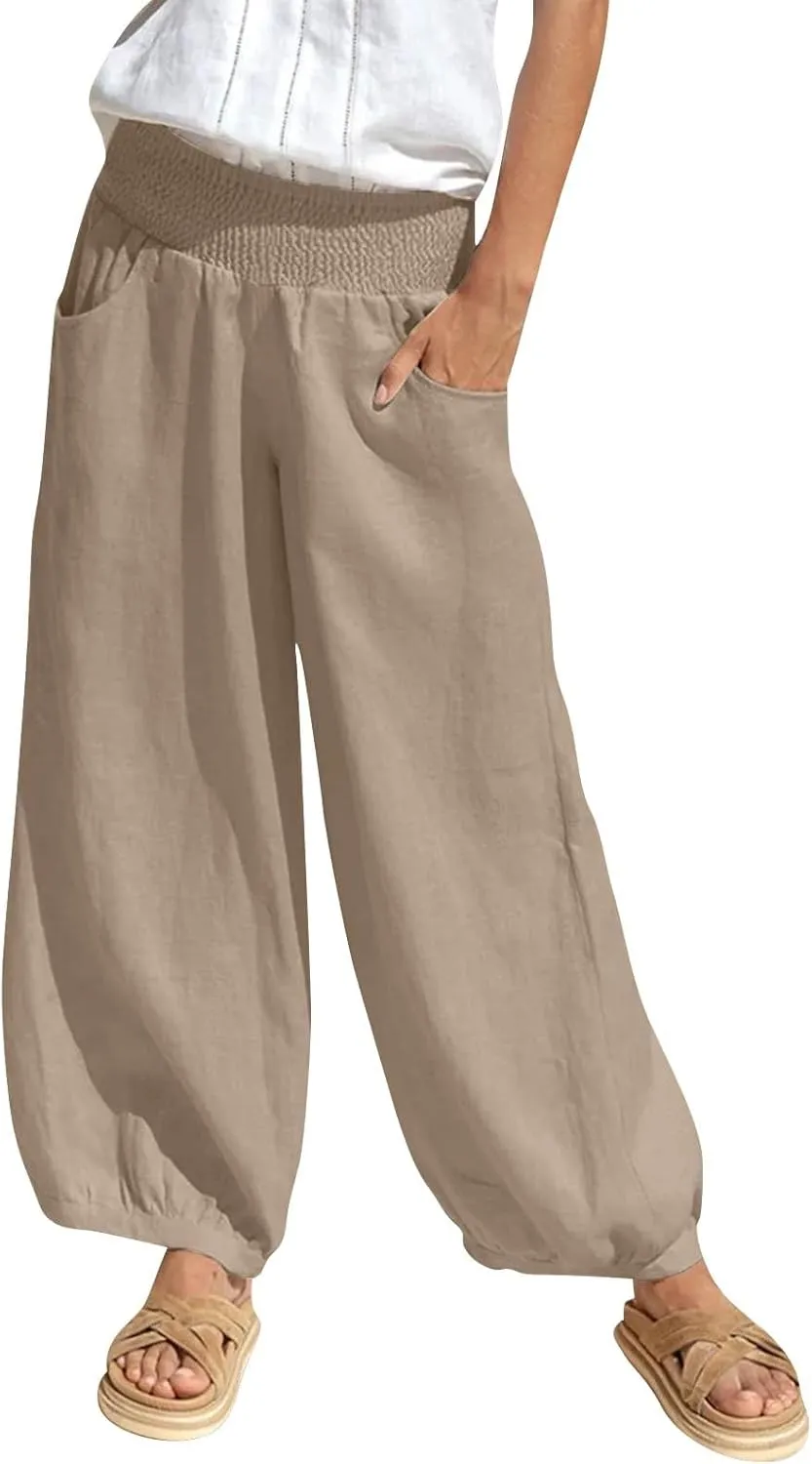 Linen Pants Women Wide Leg High Waisted Summer Harem Pants Loose Fit Lightweight Casual Palazzo Trousers with Pockets