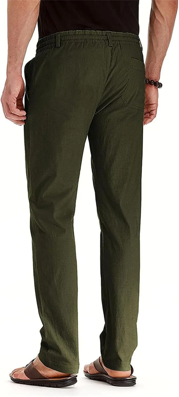 Men's Drawstring Linen Pants Business Casual Work Pant Breathable Lightweight Sweatpants Baggy Slacks Summer Trouser
