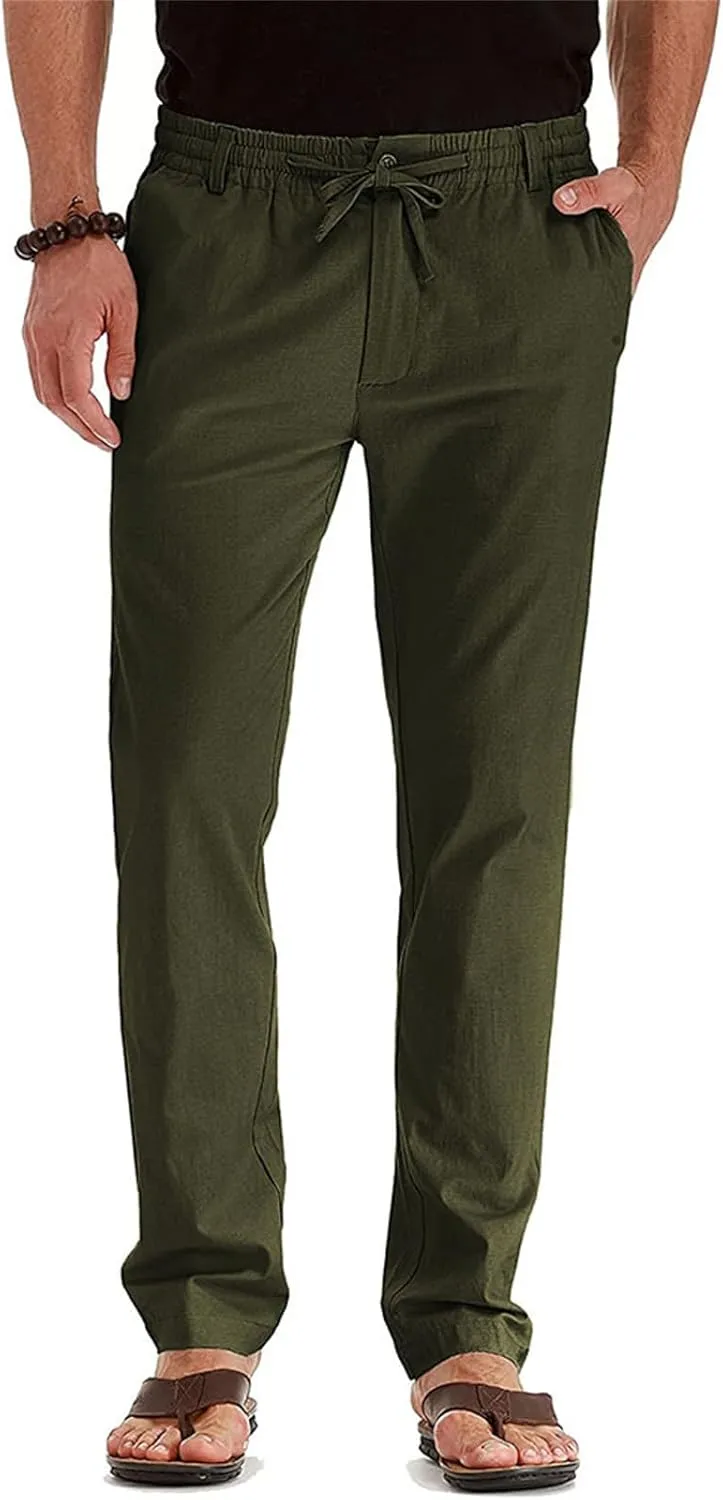 Men's Drawstring Linen Pants Business Casual Work Pant Breathable Lightweight Sweatpants Baggy Slacks Summer Trouser