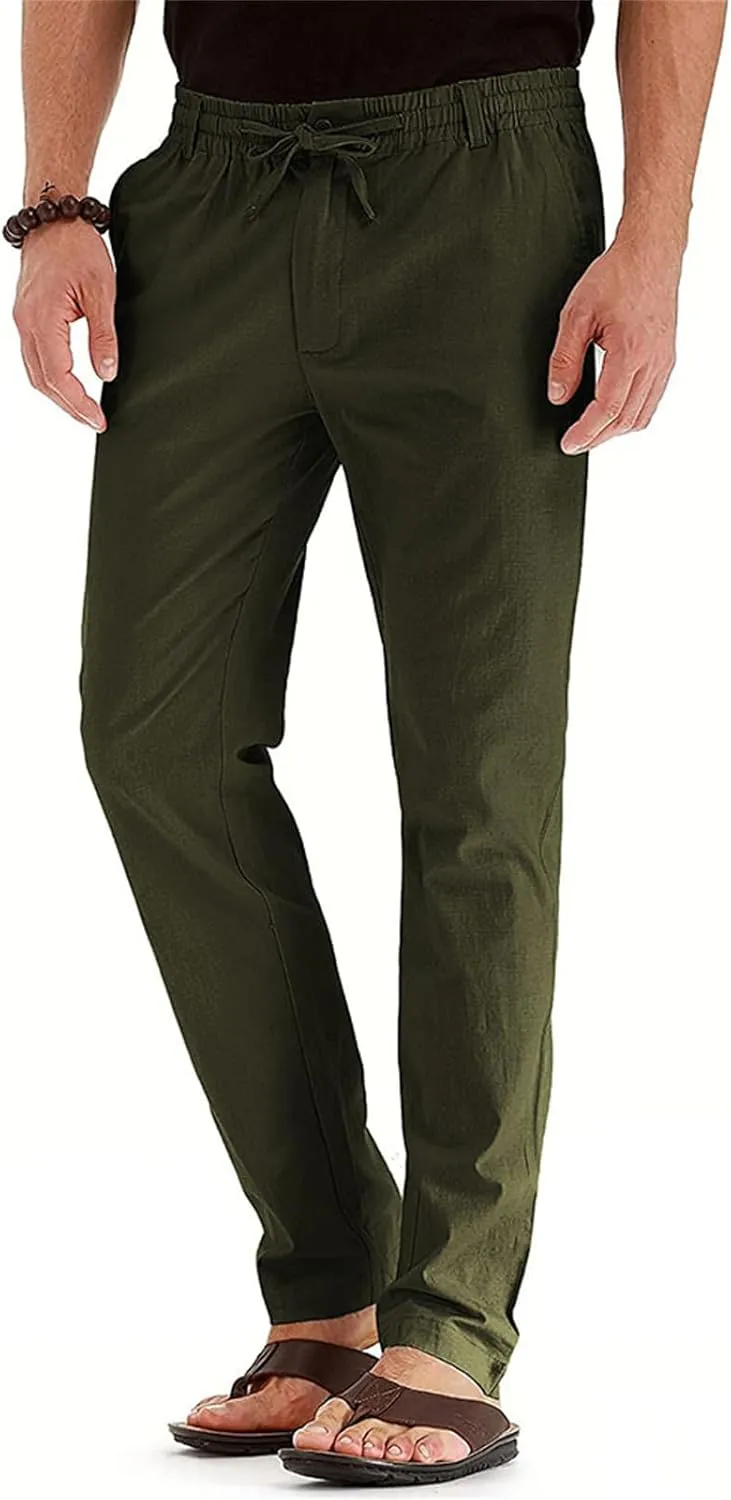 Men's Drawstring Linen Pants Business Casual Work Pant Breathable Lightweight Sweatpants Baggy Slacks Summer Trouser