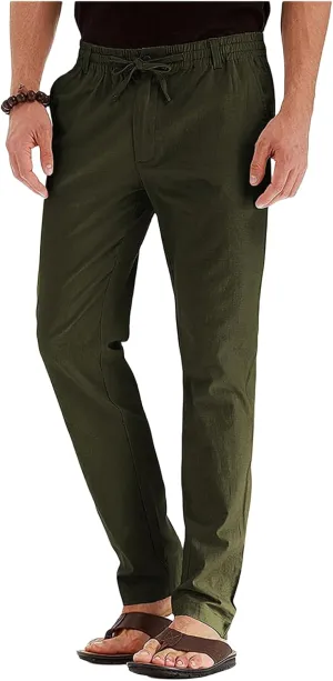 Men's Drawstring Linen Pants Business Casual Work Pant Breathable Lightweight Sweatpants Baggy Slacks Summer Trouser