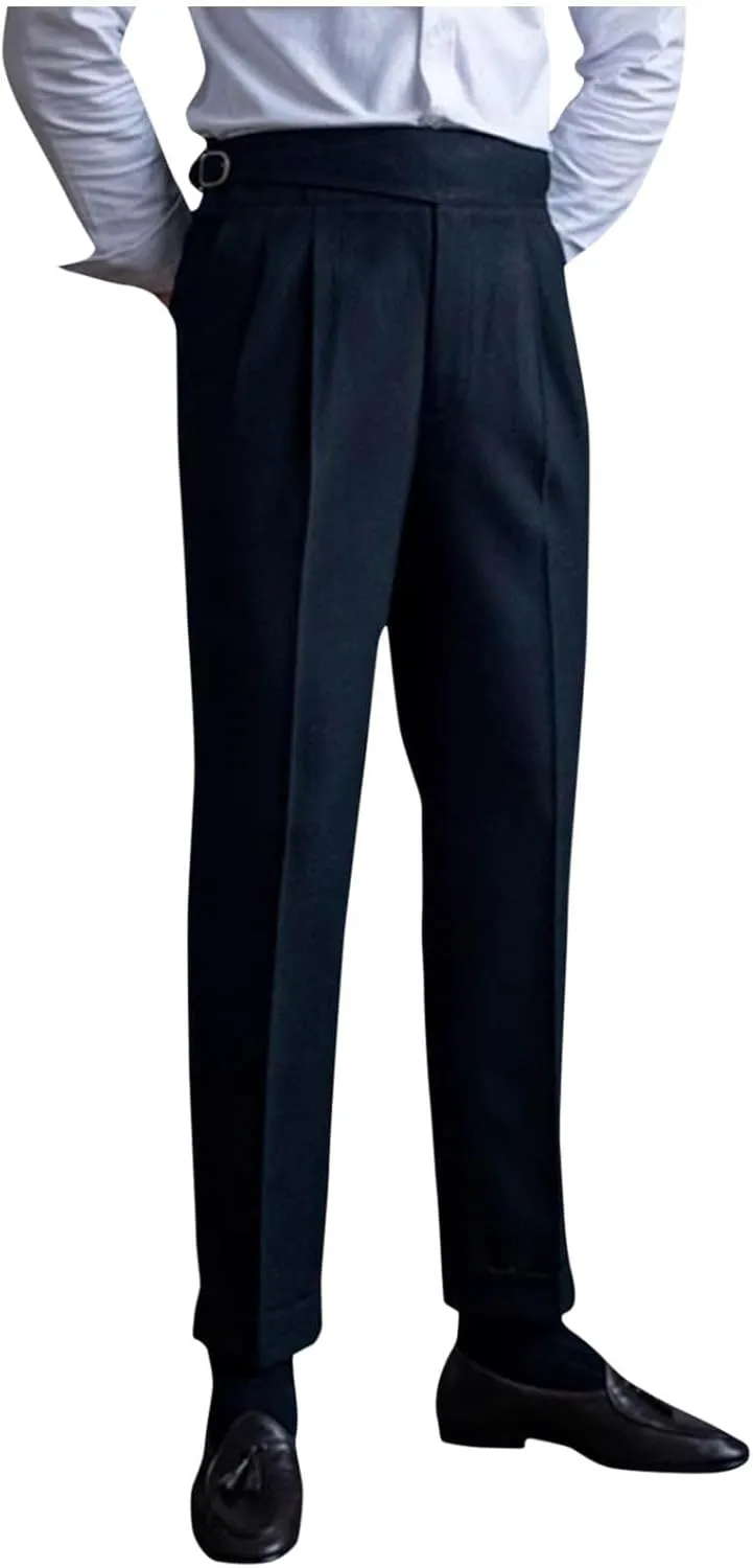 Men's High Waist Dress Pants Business Casual Slim Fit Bottoms Pleated Tailored Trousers Officewear Style