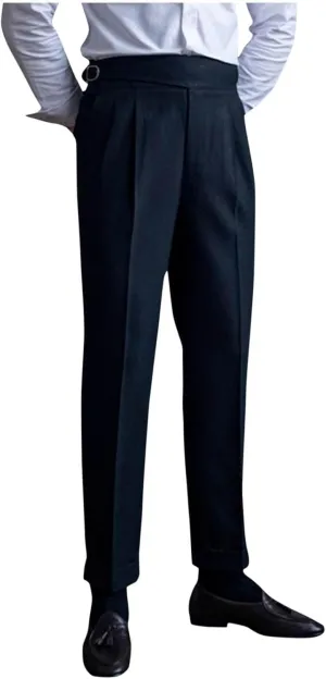 Men's High Waist Dress Pants Business Casual Slim Fit Bottoms Pleated Tailored Trousers Officewear Style