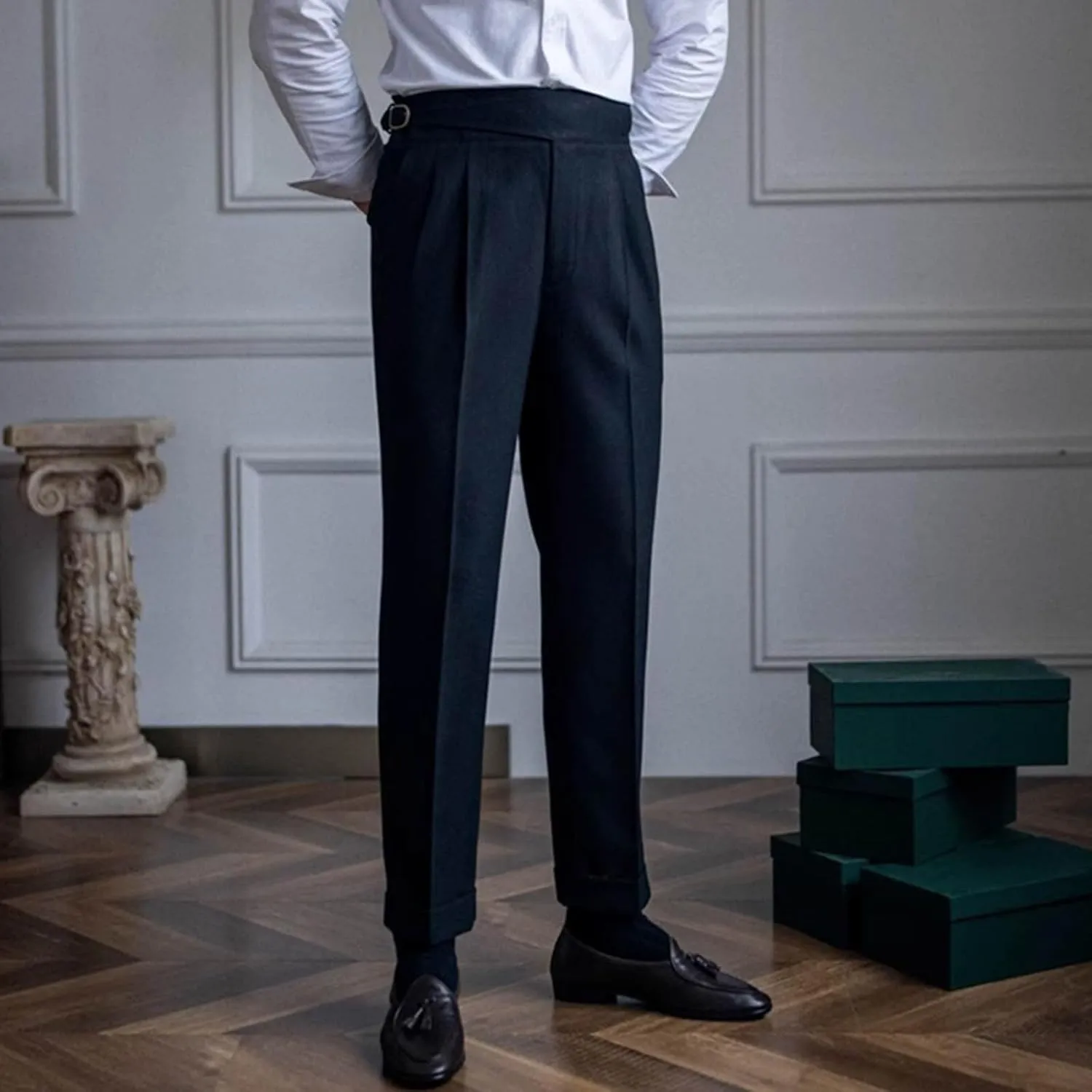 Men's High Waist Dress Pants Business Casual Slim Fit Bottoms Pleated Tailored Trousers Officewear Style