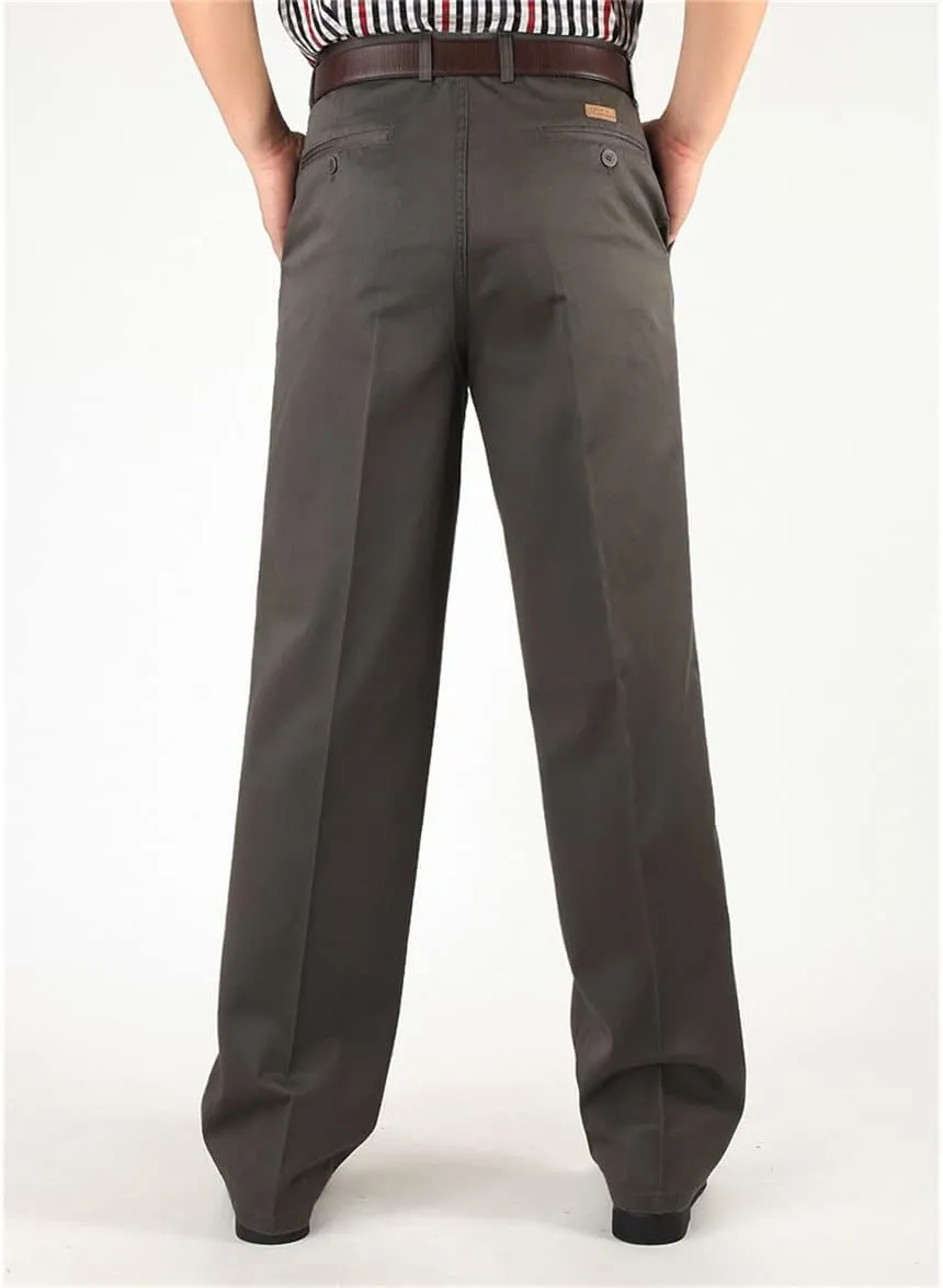 Middle-Aged Mens Cotton High Waist Trousers, Autumn Winter Loose Thicken Warm Business Casual Pants