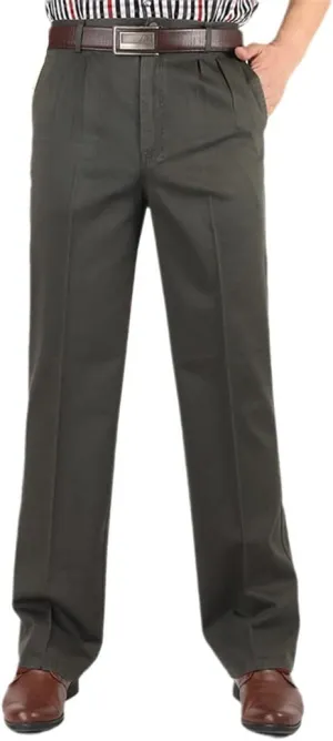 Middle-Aged Mens Cotton High Waist Trousers, Autumn Winter Loose Thicken Warm Business Casual Pants