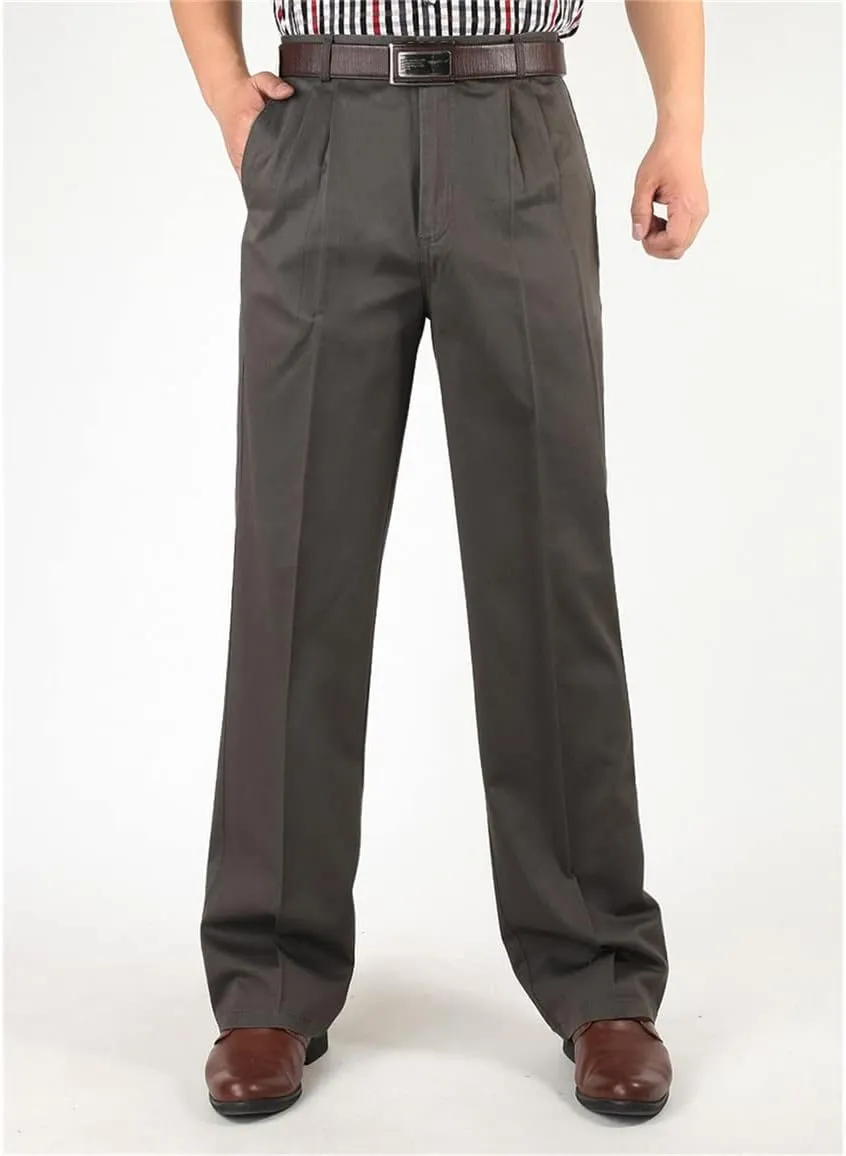 Middle-Aged Mens Cotton High Waist Trousers, Autumn Winter Loose Thicken Warm Business Casual Pants