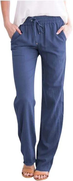 NATHGAM Women's Stretchy Wide Leg Palazzo Lounge Pants Casual Comfy High Waist Straight Leg Trouser Summer Cotton Linen Pants