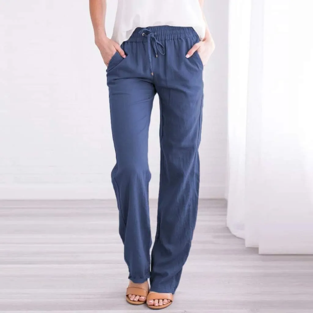 NATHGAM Women's Stretchy Wide Leg Palazzo Lounge Pants Casual Comfy High Waist Straight Leg Trouser Summer Cotton Linen Pants