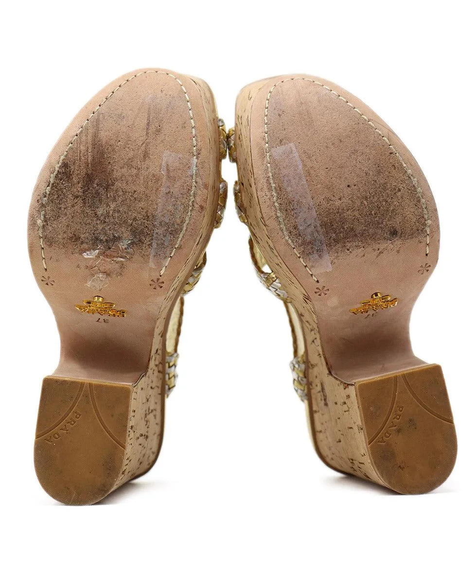 Prada Silver & Gold Leather Cork Platform Sandals sz 7