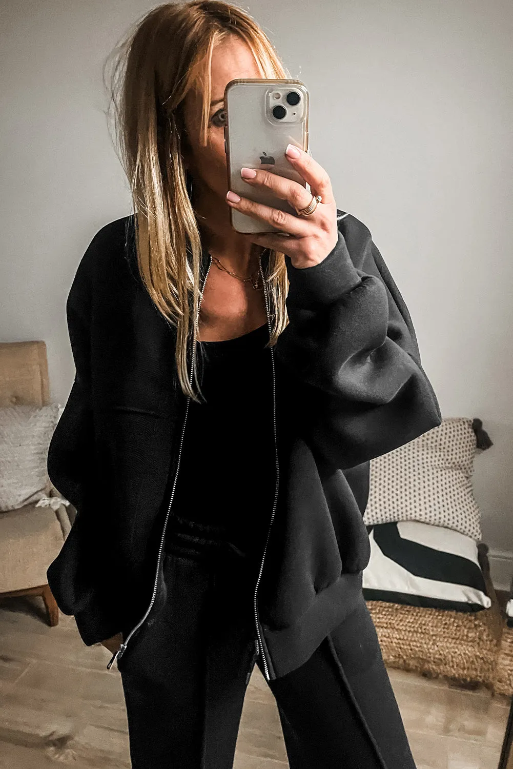 Seamed Zipper Jacket and Drawstring Waist Pants Set (online only)