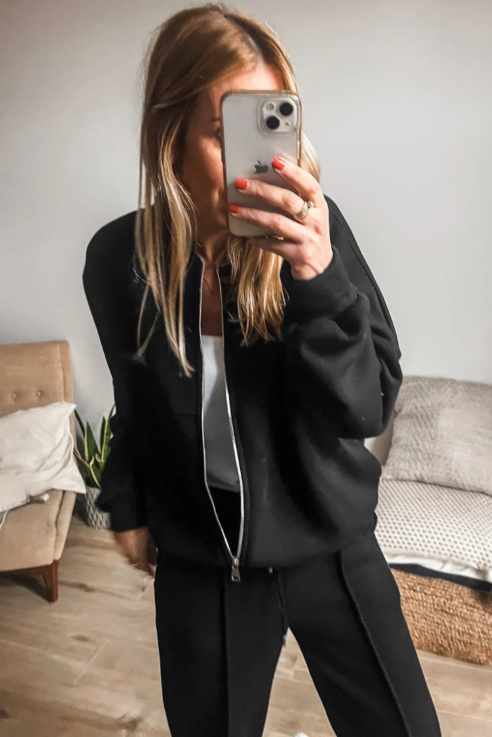 Seamed Zipper Jacket and Drawstring Waist Pants Set (online only)