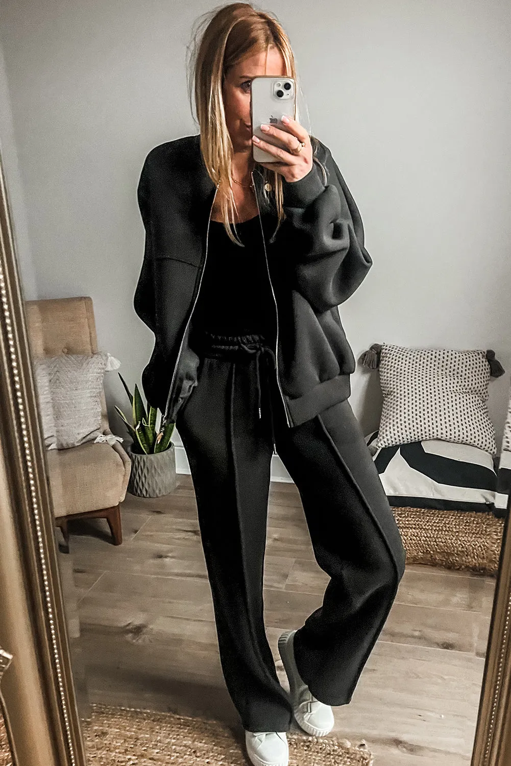 Seamed Zipper Jacket and Drawstring Waist Pants Set (online only)