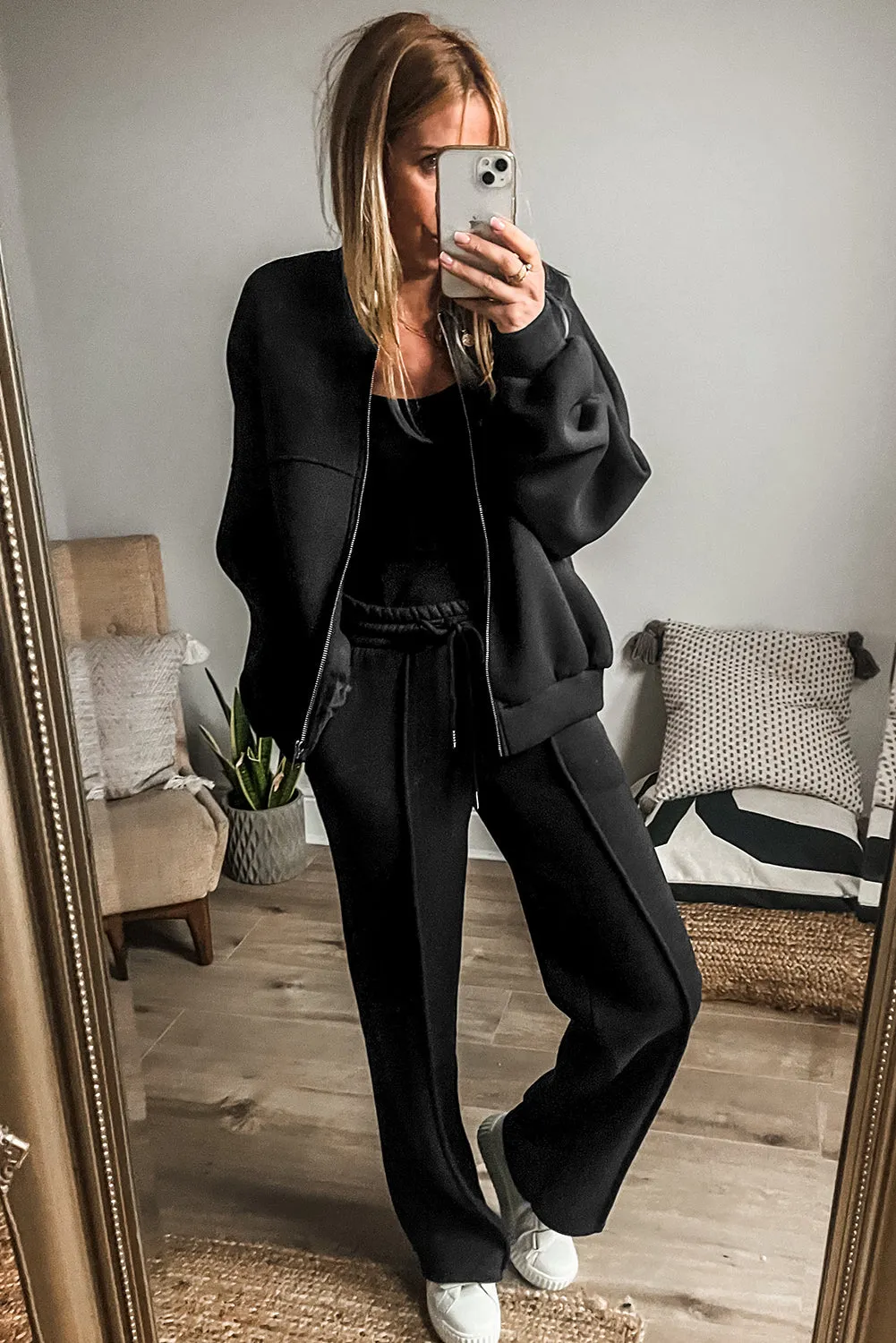 Seamed Zipper Jacket and Drawstring Waist Pants Set (online only)