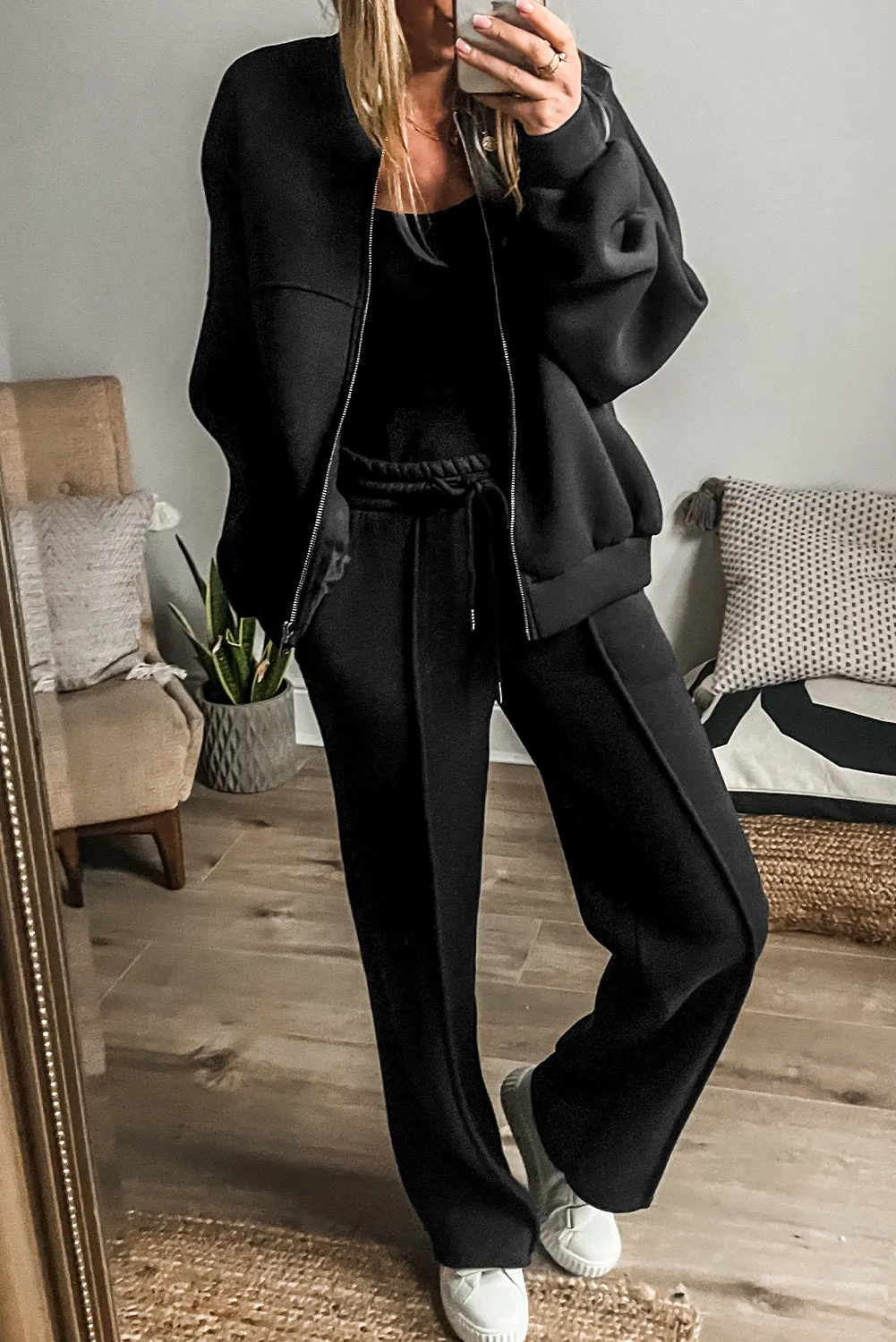 Seamed Zipper Jacket and Drawstring Waist Pants Set (online only)