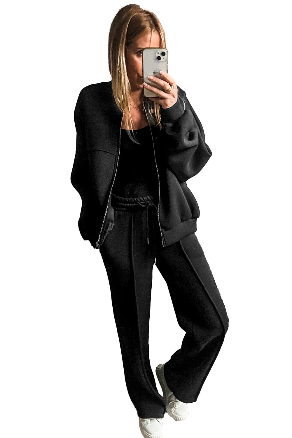 Seamed Zipper Jacket and Drawstring Waist Pants Set (online only)