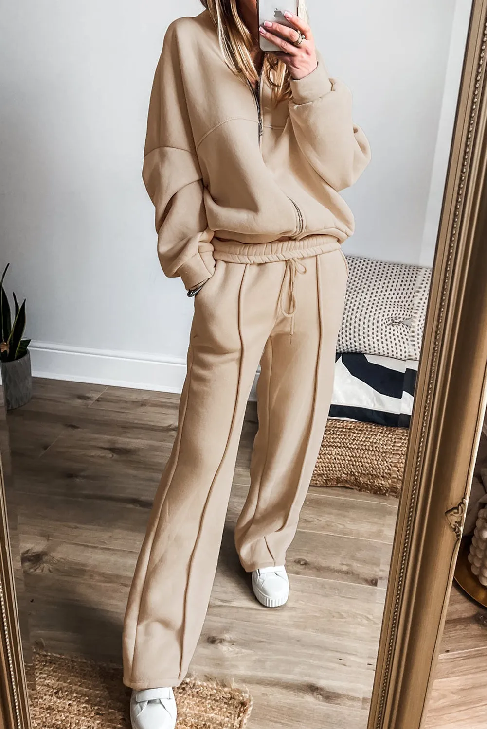 Seamed Zipper Jacket and Drawstring Waist Pants Set (online only)