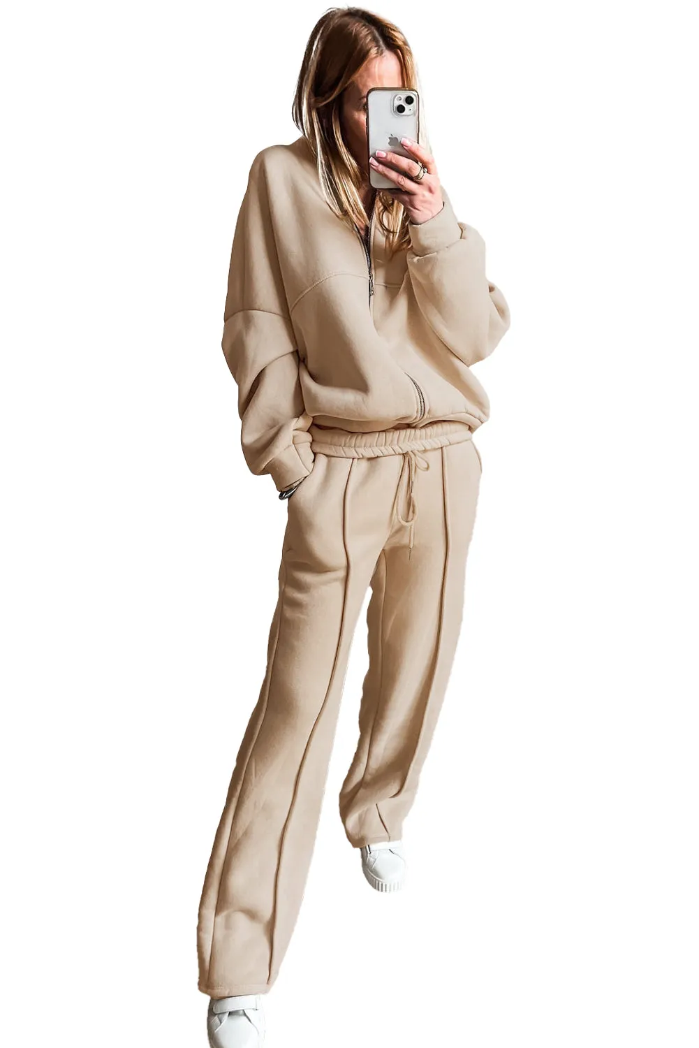 Seamed Zipper Jacket and Drawstring Waist Pants Set (online only)