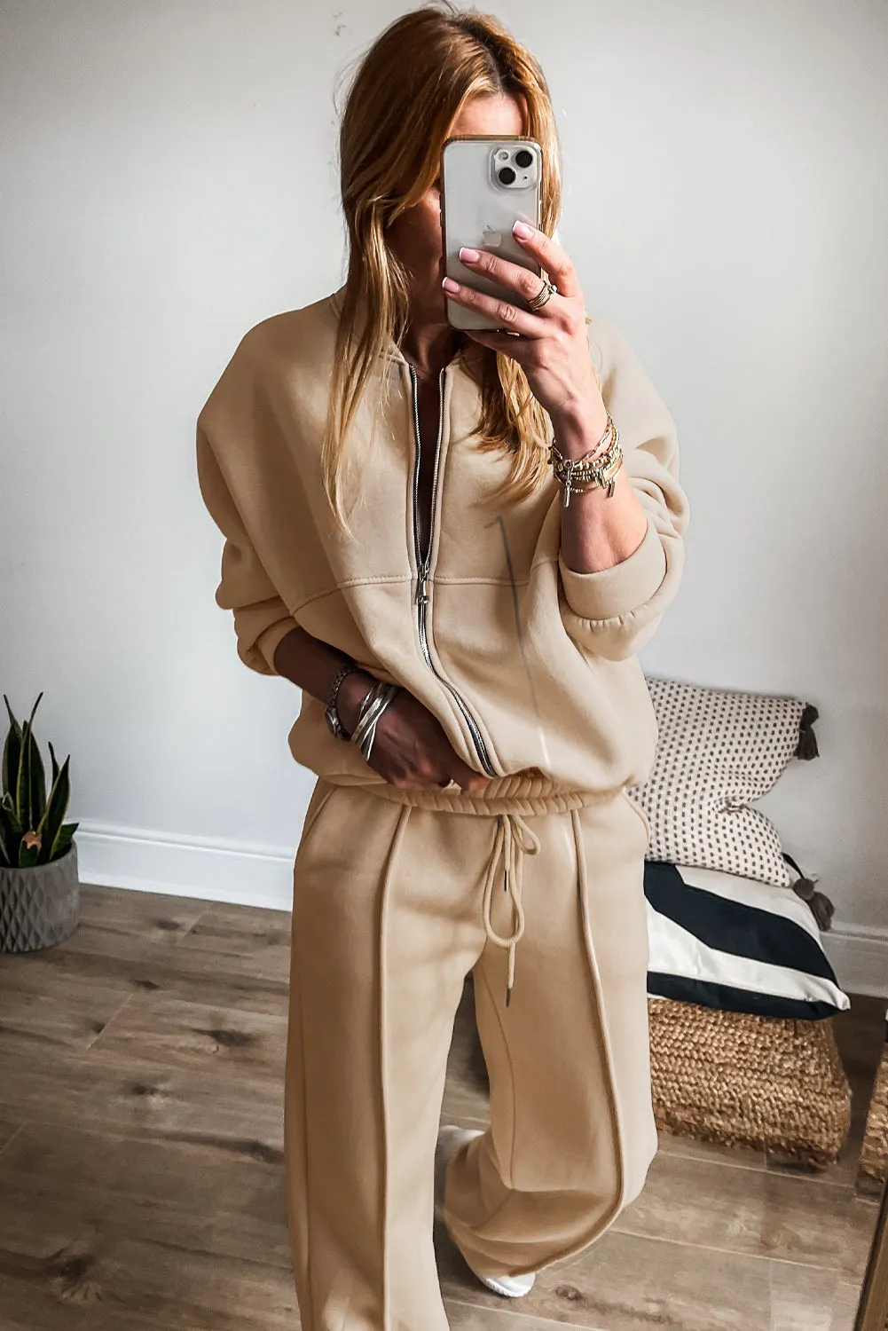 Seamed Zipper Jacket and Drawstring Waist Pants Set (online only)