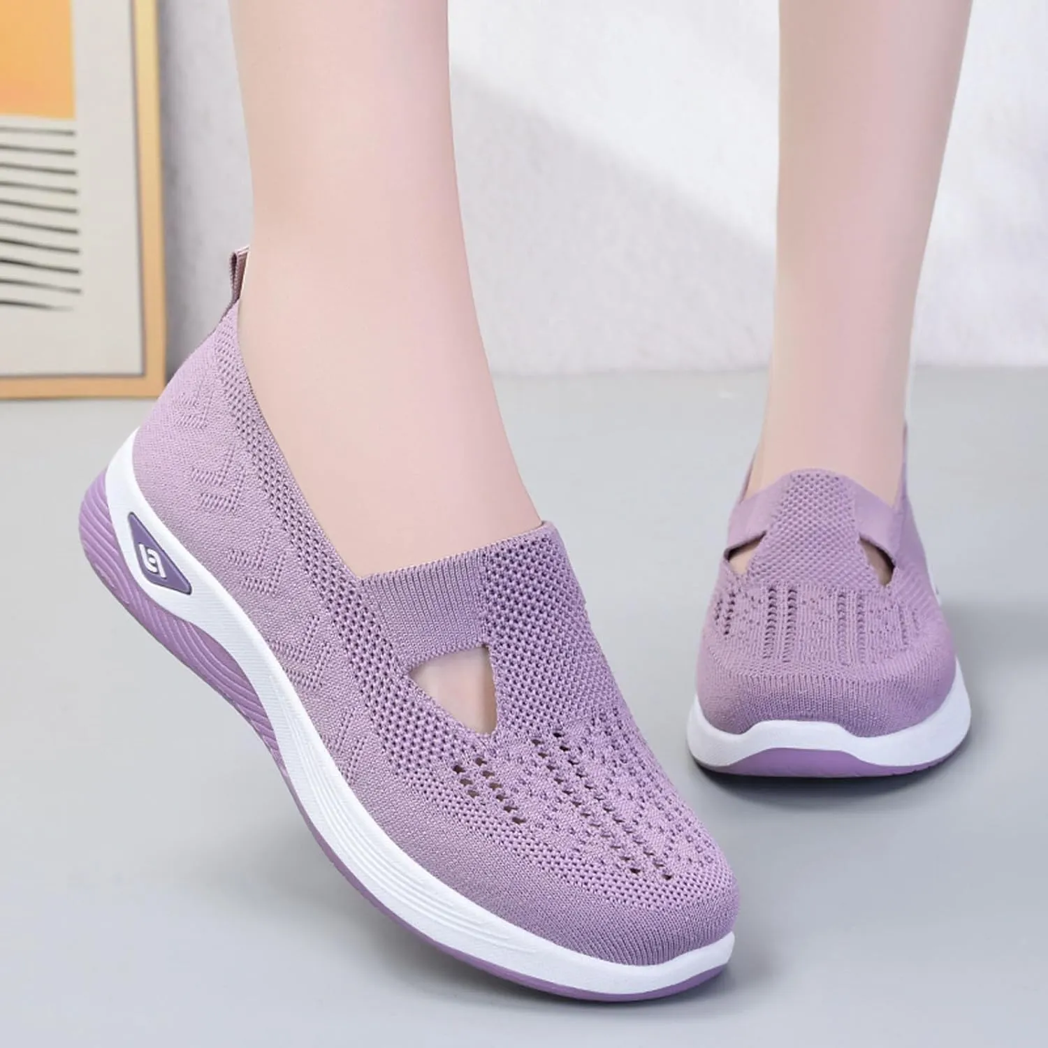 SECHRITE Women's Woven Breathable Soft Sole Shoes Orthopedic Sneakers Shoes Walking Slip on Diabetic Foam Shoes Arch Support