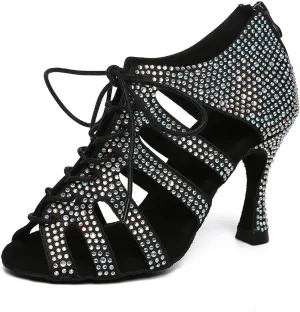 SWDZM Ballroom Dance Boots Lace Up Ankle Latin Salsa Heeled Comfortable Professional Dance Shoes