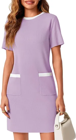 Wenrine Womens Work Dress Business Casual Contrast Color Elegant Short Sleeve Knit Summer Mini Dress