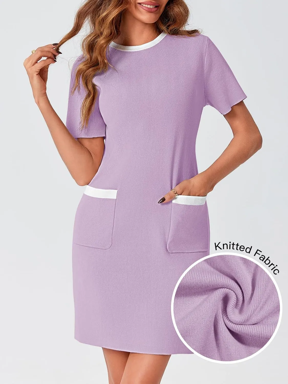 Wenrine Womens Work Dress Business Casual Contrast Color Elegant Short Sleeve Knit Summer Mini Dress