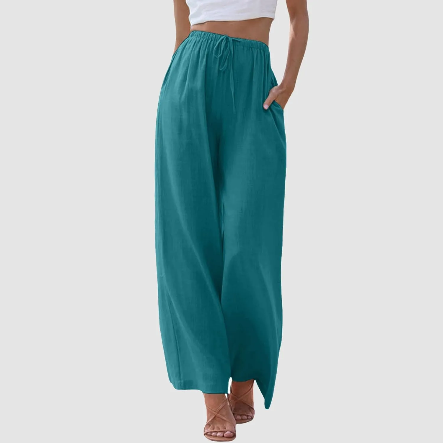Wide Leg Cotton Linen Pants for Women Comfortable Fashion Flowy High Waisted Beach Palazzo Trousers with Pockets 2025 Summer