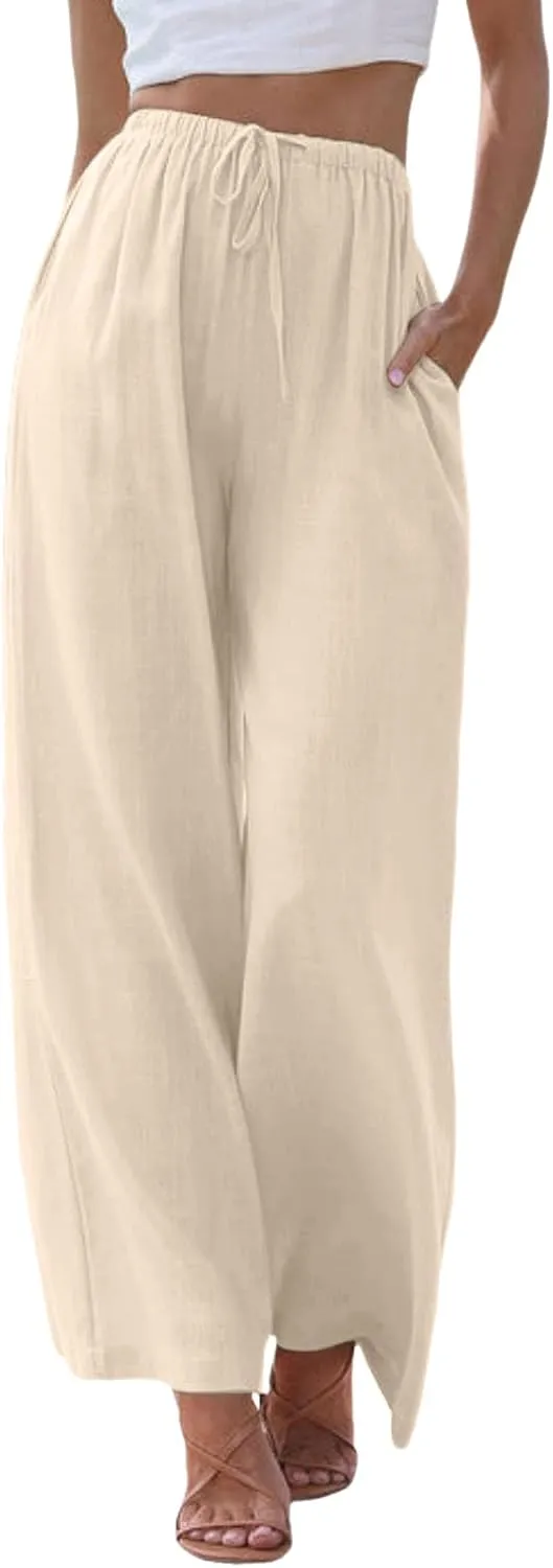 Wide Leg Cotton Linen Pants for Women Comfortable Fashion Flowy High Waisted Beach Palazzo Trousers with Pockets 2025 Summer