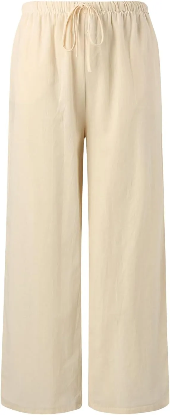 Wide Leg Cotton Linen Pants for Women Comfortable Fashion Flowy High Waisted Beach Palazzo Trousers with Pockets 2025 Summer
