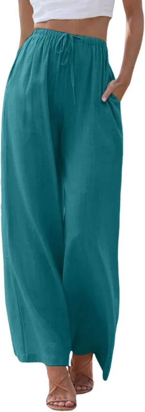 Wide Leg Cotton Linen Pants for Women Comfortable Fashion Flowy High Waisted Beach Palazzo Trousers with Pockets 2025 Summer