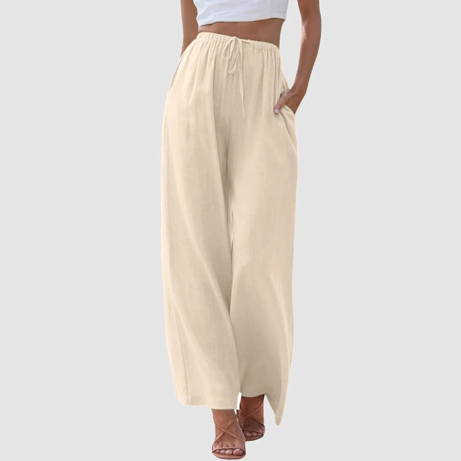 Wide Leg Cotton Linen Pants for Women Comfortable Fashion Flowy High Waisted Beach Palazzo Trousers with Pockets 2025 Summer