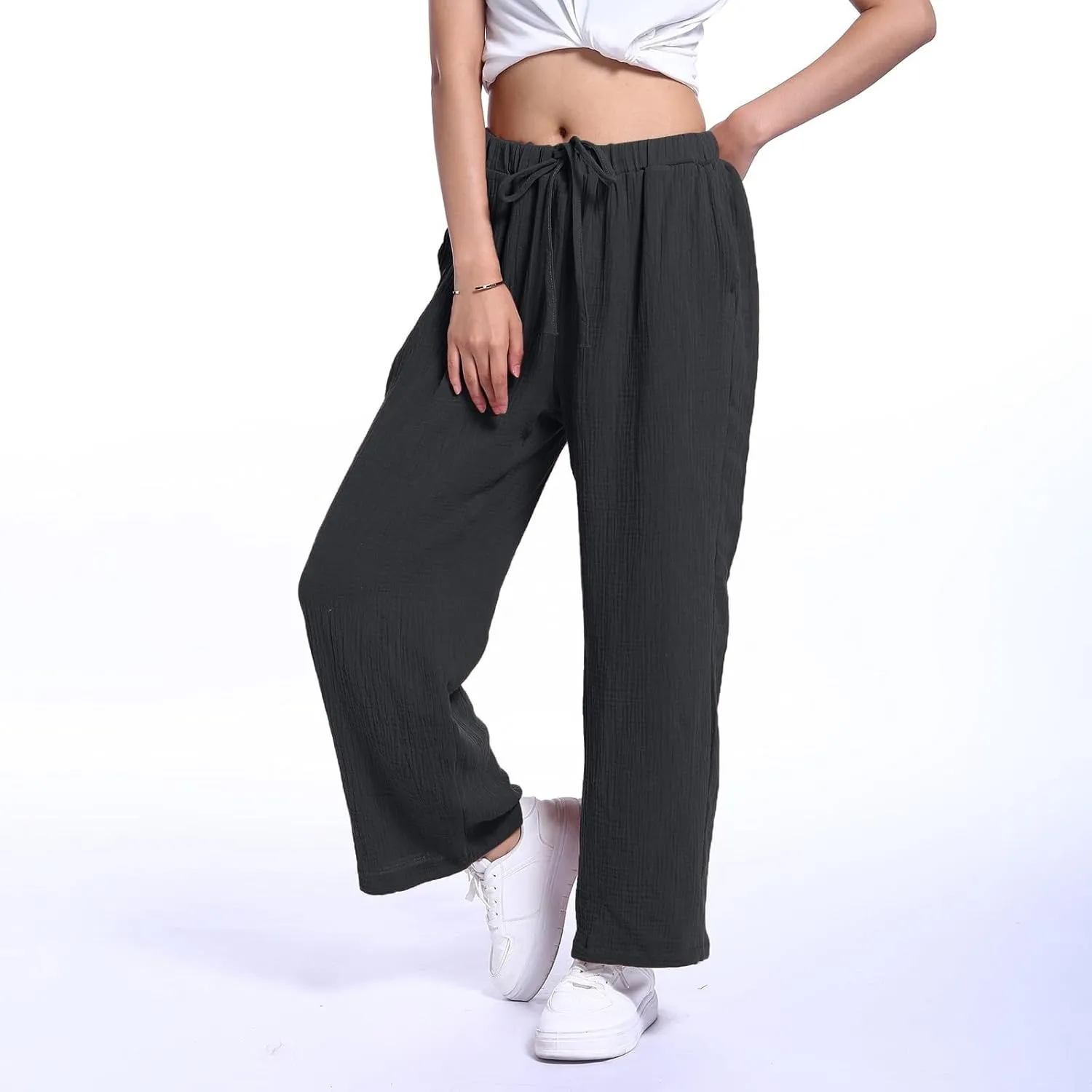 Wide Leg Pants Women Palazzo Cotton Linen Trousers Long Plus Size Lounge Slacks High Waist Summer Pants with Pockets