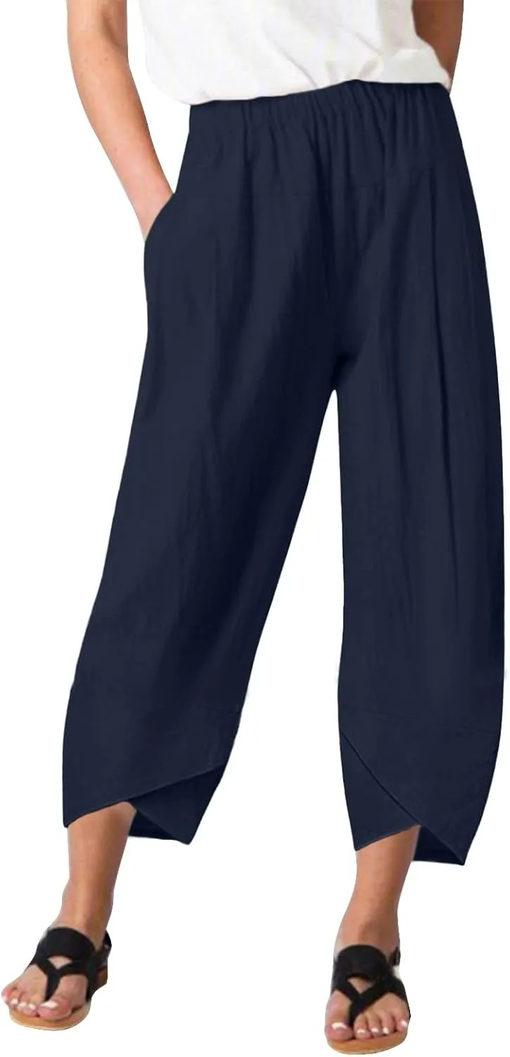 Womens Capri Pants High Waist Cropped Trousers Summer Wide Leg Drawstring Palazzo Ankle Vacation Pant with Pockets