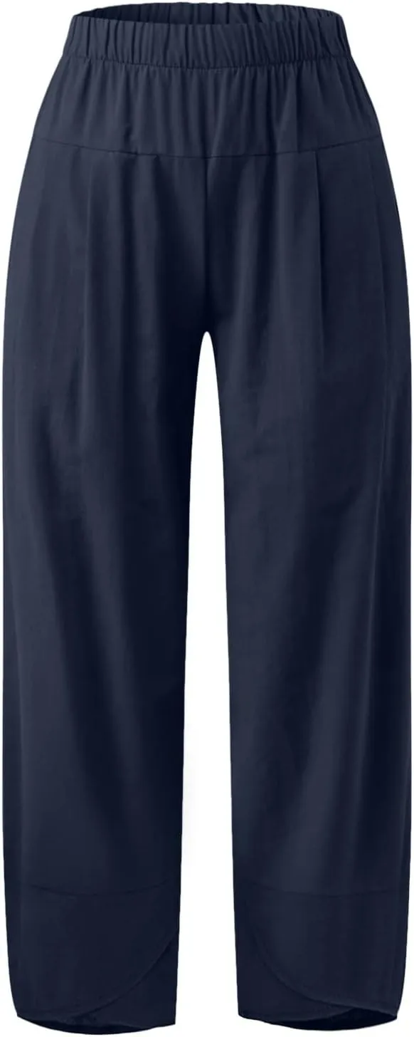 Womens Capri Pants High Waist Cropped Trousers Summer Wide Leg Drawstring Palazzo Ankle Vacation Pant with Pockets