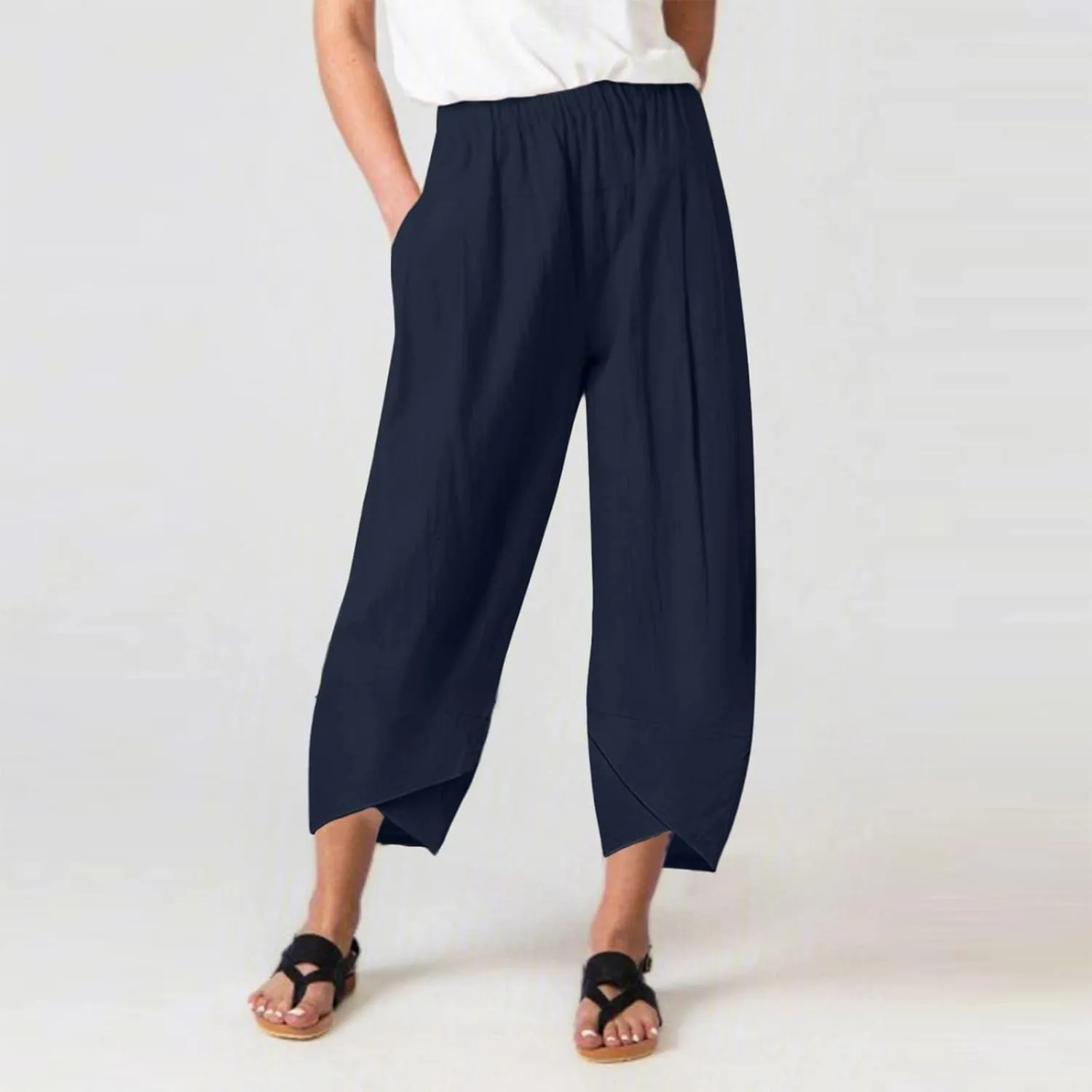 Womens Capri Pants High Waist Cropped Trousers Summer Wide Leg Drawstring Palazzo Ankle Vacation Pant with Pockets