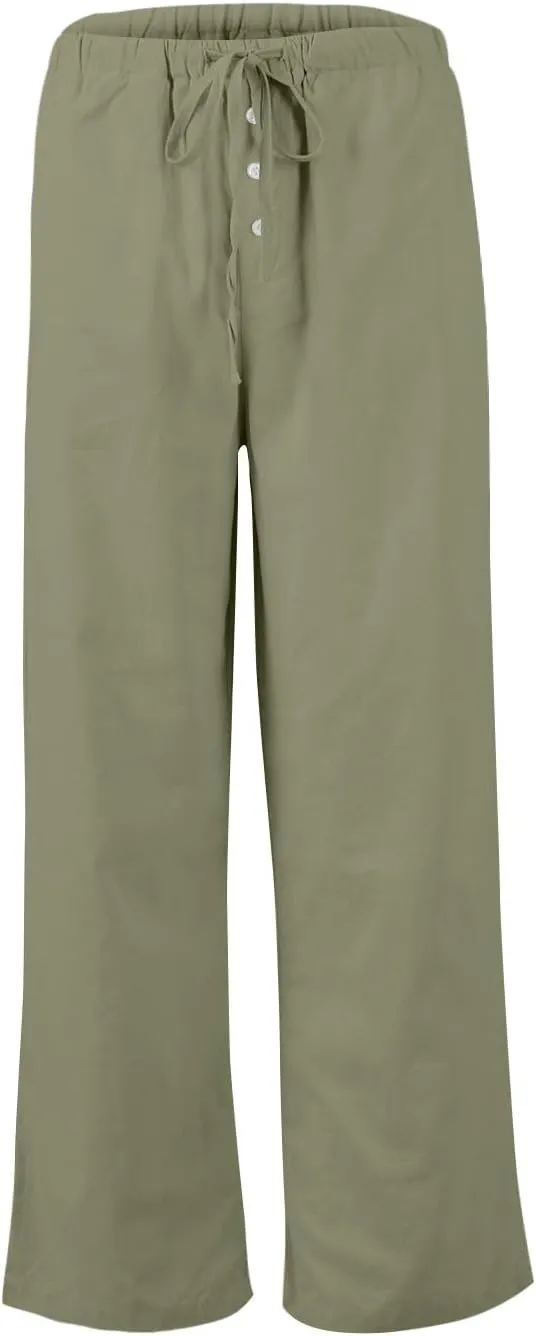Womens Casual Pants Wide Leg Linen High Waisted Summer Fashion Comfy Pants Elastic Button Up Pockets Solid 2025 Outfit