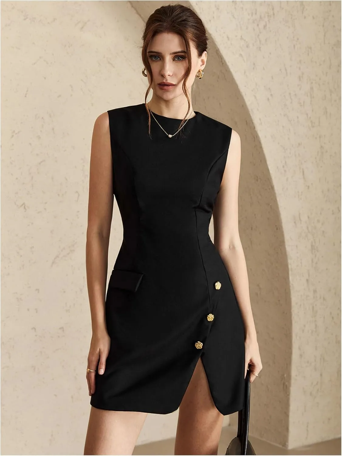 Women's Crew Neck Button Front Mini Dress Sleeveless Split Hem Work Business Casual Dresses
