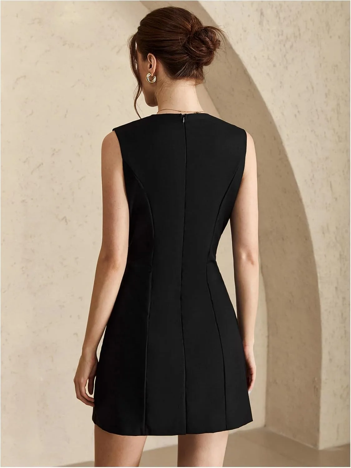 Women's Crew Neck Button Front Mini Dress Sleeveless Split Hem Work Business Casual Dresses