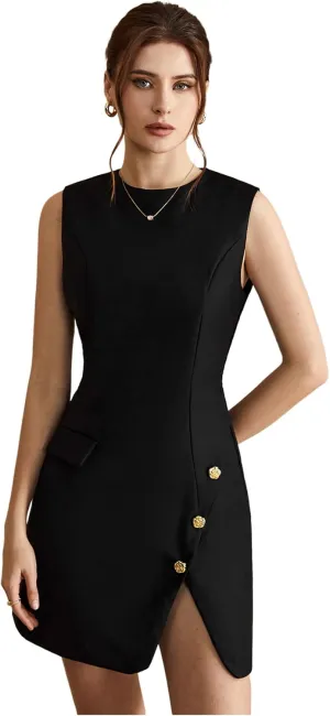 Women's Crew Neck Button Front Mini Dress Sleeveless Split Hem Work Business Casual Dresses