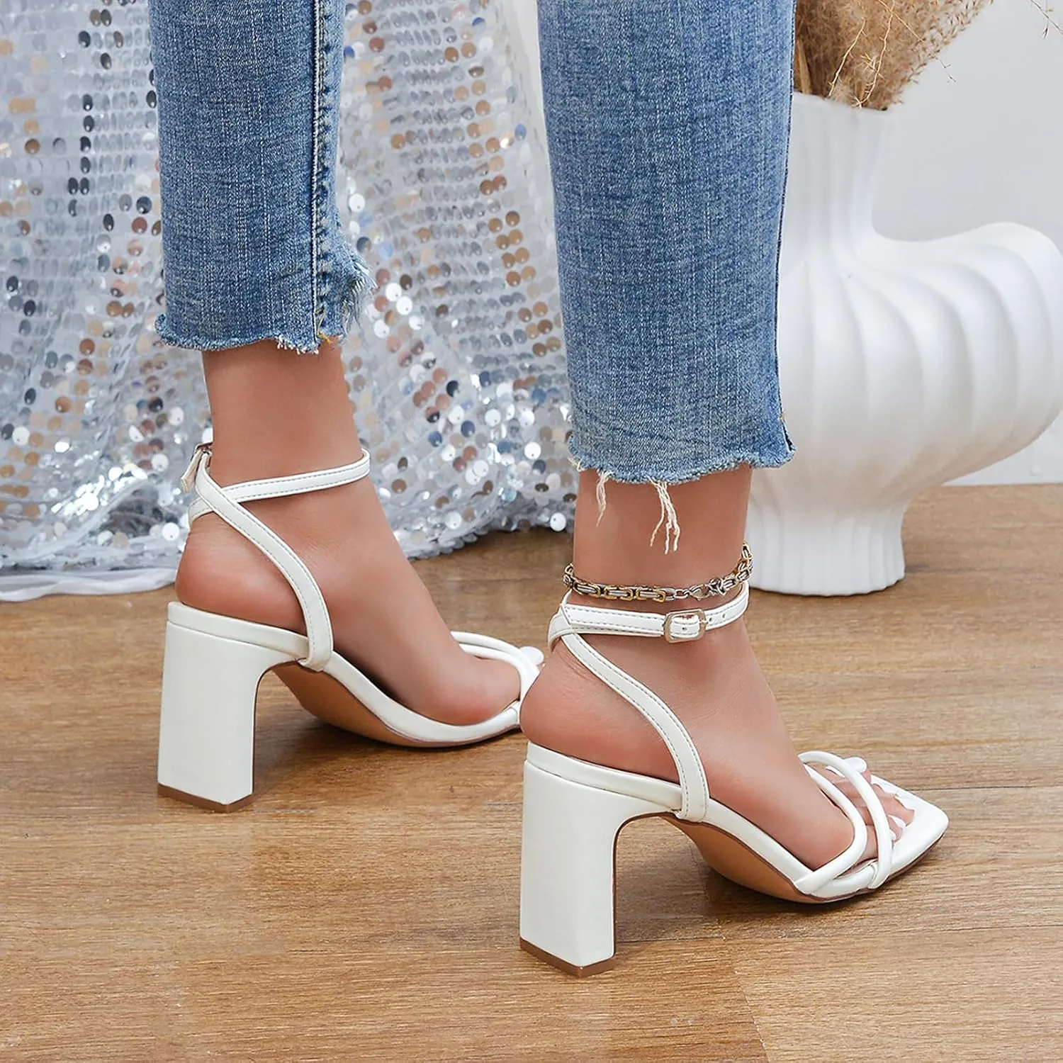Women's Heeled Sandals Square Open Toe High Heels for Women Crossed Ankle Strap Heeled Sandal Shoes for Party Wedding Dress