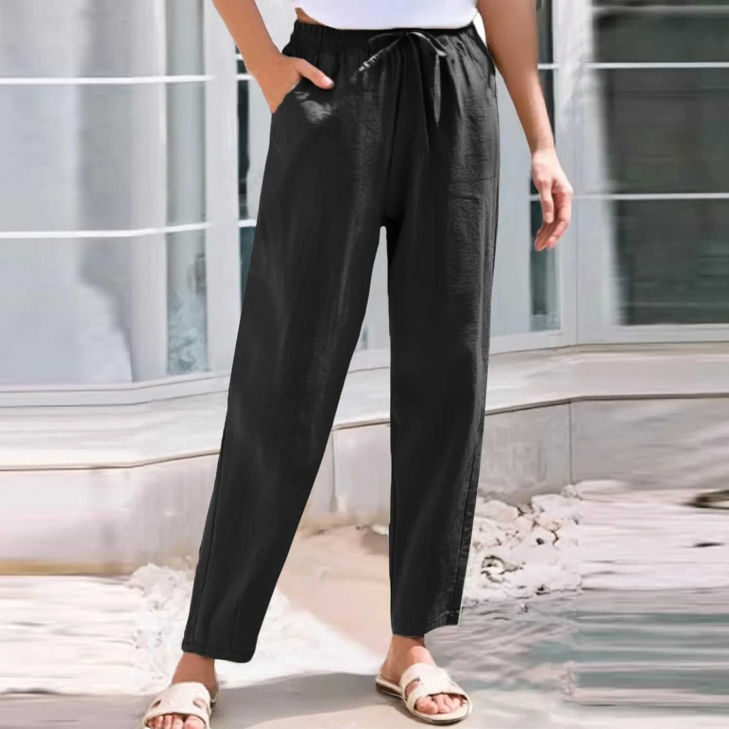 Womens Linen Pants Straight Leg Boho Palazzo Pants Casual Elastic Drawstring Waist Beach Lounge Pants with Pockets