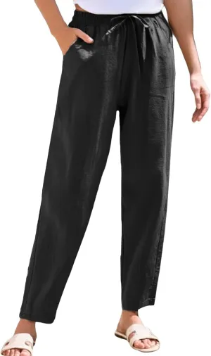 Womens Linen Pants Straight Leg Boho Palazzo Pants Casual Elastic Drawstring Waist Beach Lounge Pants with Pockets