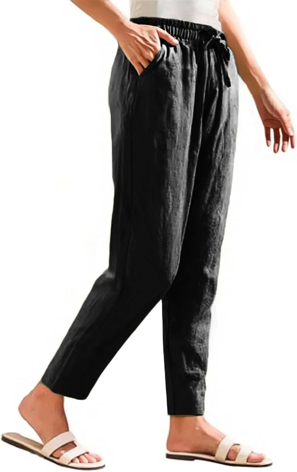 Womens Linen Pants Straight Leg Boho Palazzo Pants Casual Elastic Drawstring Waist Beach Lounge Pants with Pockets